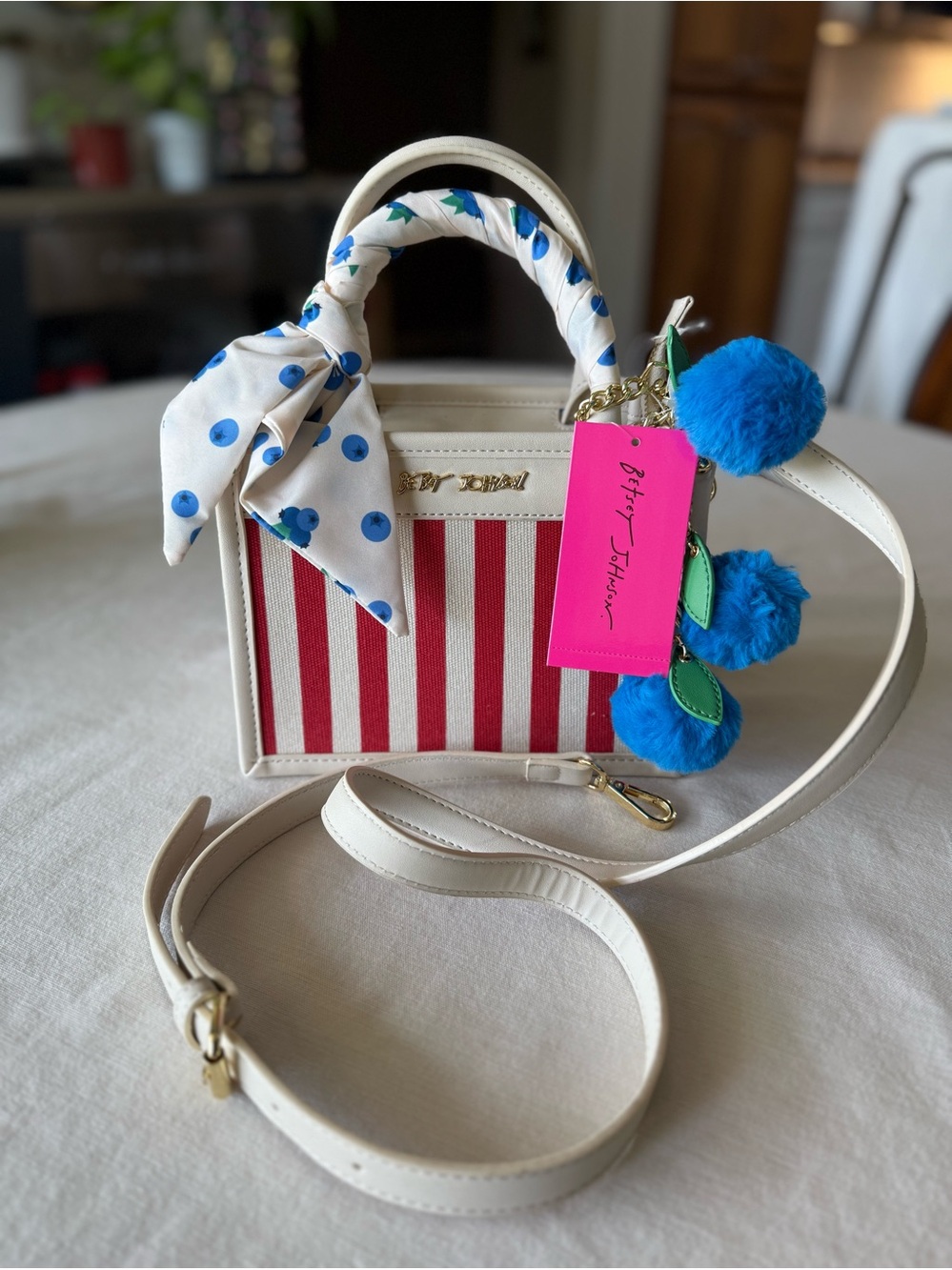 BETSEY JOHNSON RED WHITE & BLUEBERRY STRIPES FLAG CROSSBODY BAG CHARM & SCARF